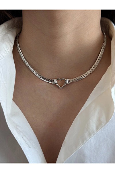 h&b design jewel Çelik Silver Kalpli Hasır Zincirli Kolye