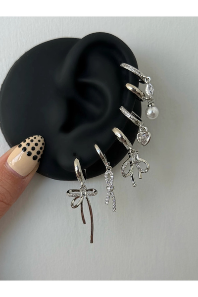 h&b design jewel Çelik Silver Fiyonk Detay 6 Lı Küpe Seti