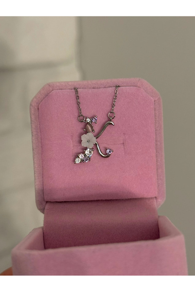 h&b design jewel Çelik Silver Çiçekli K Harfli Kolye