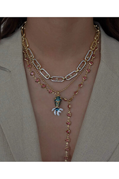 h&b design jewel Çelik Gold Pembe Kalpli Y Kolye