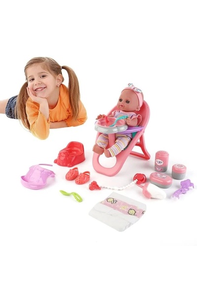 divendi-ro Set cu scaun de masă și păpușă bebeluș, inclusiv accesorii și 12 s...