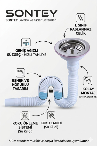 SONTEY Geniş Ağızlı Körüklü Lavabo Sifonu ve Gider Borusu – Paslanmaz Süzgeçl...