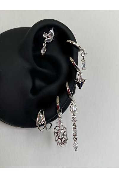 h&b design jewel Çelik Silver Baget Taşlı 6 Lı Küpe Seti