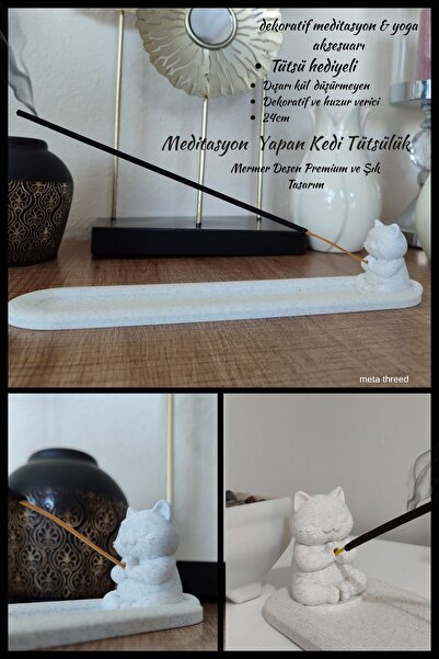 MODA Mermer Desen Meditasyon Yapan Kedi Tütsülük ( 24cm )