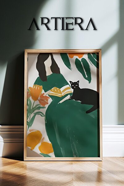 HİGUERA Αφηρημένο γυναικείο πορτρέτο που διαβάζει βιβλίο με γάτα στο σαλόνι Ζ...