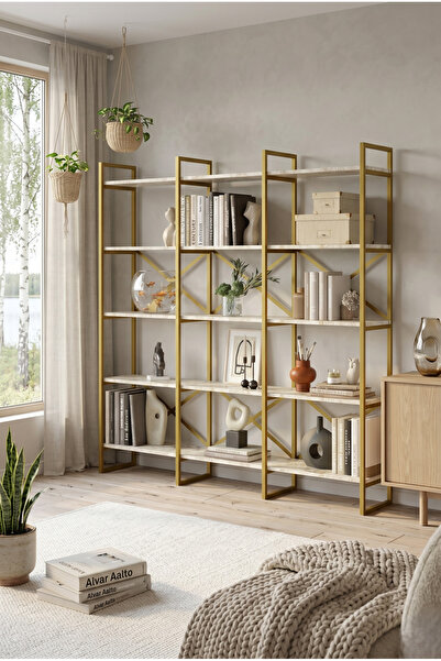 L'occi Concept Arnis Modern Gold Metal Kitaplık 5 Raflı 3 Bölmeli 175 cm Merm...