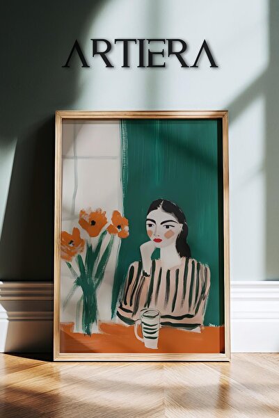 HİGUERA Αφηρημένο γυναικείο πορτρέτο με πορτοκαλί λουλούδια ζωγραφική τοίχου ...