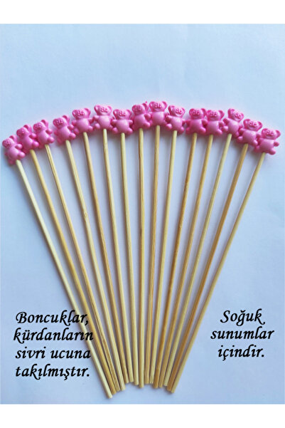 BEYHAN BAYHAN 15 Cm Uzun Pasta Kürdanı - 10 Adet Dekoratif Pembe Ayıcık Boncu...