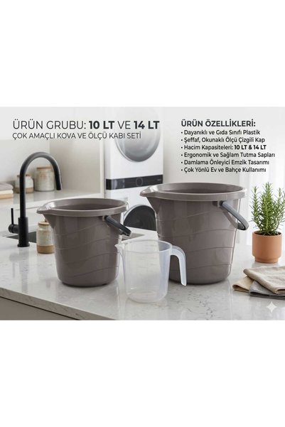 ZİVORA 3'lü Set Kapaksız Su Kovası 10-14 Litre Vizon 2 Adet Temizlik Kovası V...