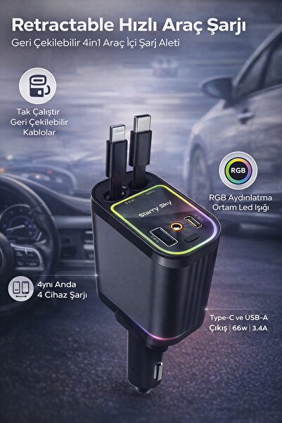 TUROVE 66W Hızlı Araç Şarj Cihazı 4in1 Type-C Lightning Geri Çekilebilir Kabl...