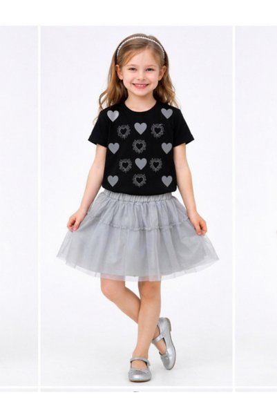 trikomode Girl's Black 2-Piece Heart Tulle Lined Skirt Top and Bottom Set