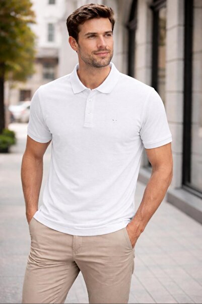 NOIRWEAR Erkek Slim Fit Dar Kesim %100 Pamuk Düz Pike Beyaz Polo Yaka Tişört