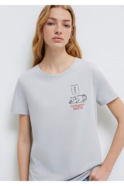 Mavi Graues T-Shirt mit Katzen-Print, Semi Slim Fit / Halbschmal geschnitten ...