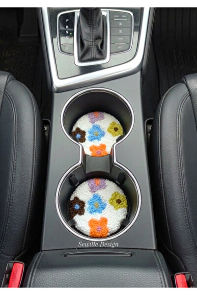 Sewille Design Hand Made Punch İşlemeli Çiçekli Araba Bardak Altlığı 2 li, Ar...