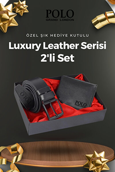 POLOGRAND London Original Men's 2-Piece Special Gift Boxed Set Luxury Series Gift Box Special Box Gift for Lover Father-In-Law Groom's Gift Birthday Special Day Gift Luxury Soft Leather Classic Black Stylish Belt Wallet Set