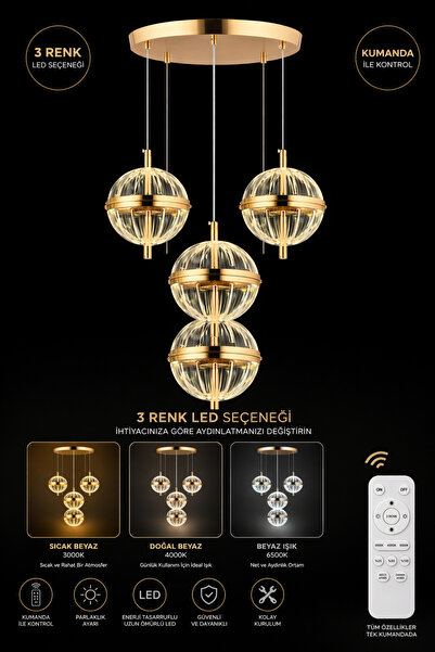 Marsel Lighting küre 4lü gold avize 3 renk led ısıklı modern avize salon aviz...