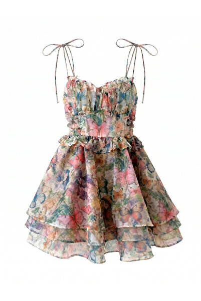 Feya Studio Πολύχρωμο βαμβακερό και λινό φόρεμα με βολάν