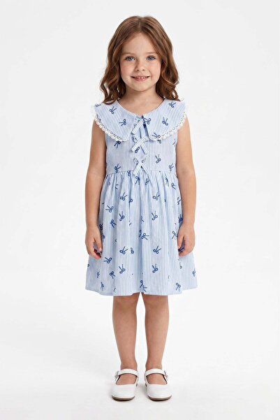 Fulla Moda Φόρεμα για κορίτσια με φιόγκο, ριγέ δαντέλα και γιακά μωρού