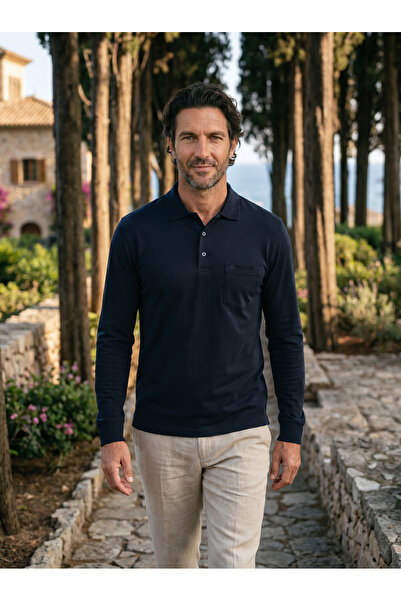 Çizgi Triko Men's Polo Neck Long Sleeve Pocketed Transitional Navy Blue Combe...
