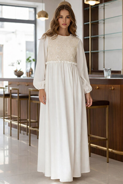 benguen 8787 Δαντελένιο Λεπτομερές Λινό Φόρεμα Hijab Πέτρα Χρώμα