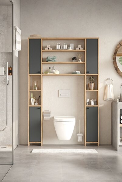 Yurupa Bahez Çok Amaçlı Tuvalet Banyo Dolabı Kapaklı Raflı Sepet-Antrasit BAH...
