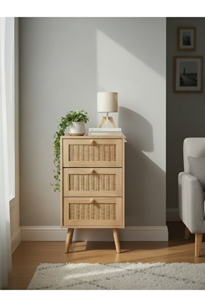 PANALI Masif Ahşap Rattan 3 Çekmeceli Düzenleyici Dolap BM07