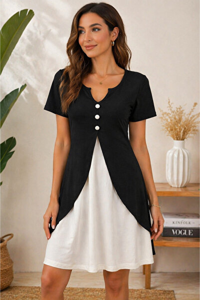 Modayakamoz Women Short Sleeve V Neck Front Buttoned Double Color Viscose Dress