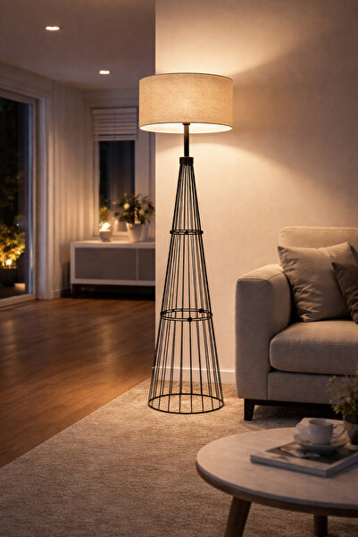 ANGDESİGN Nisa Luce PARİS Metal Lambader -SİYAH Metal Gövde/ KAHVE Kumaş Başl...