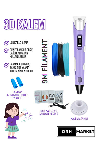 ORH Market Mor 3d Kalem 3d Pen Yazıcı Kalem – 3 Adet 3 Metrelik Pla Filament ...