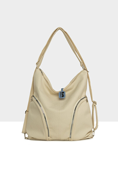 Bagmori Κρεμ γυναικεία τσάντα με απαλή υφή, διπλό φερμουάρ στο πλάι, λουράκια...