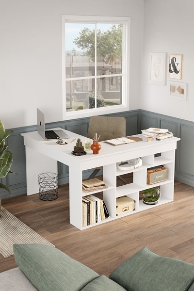 Yurupa Corner Kitaplık Raflı Çalışma Masası Beyaz COR5-W