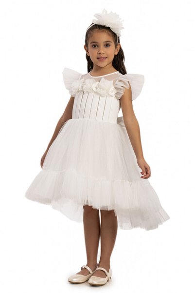 Pamina Floral Detailed Evening Dress with Hair Accessory Girls' Celebration Dress - 3-4-5-6-7 Years 35194Pr