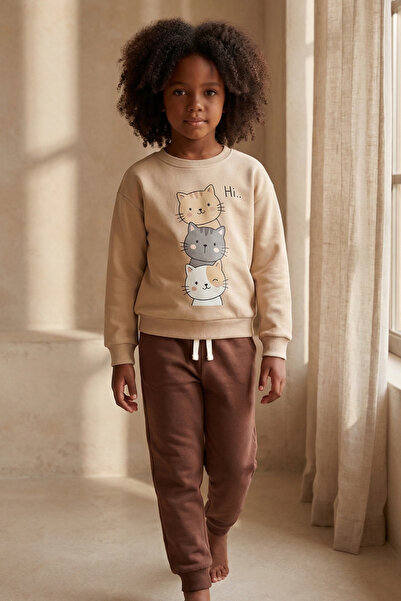 Katia&Bony Παιδικό Σετ Φόρμας Γάτα με τύπωμα Μπεζ