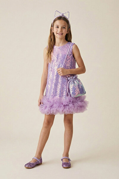Le Mabelle Φόρεμα για κορίτσια με λιλά παγιέτες και λεπτομέρεια βολάν στο τελ...