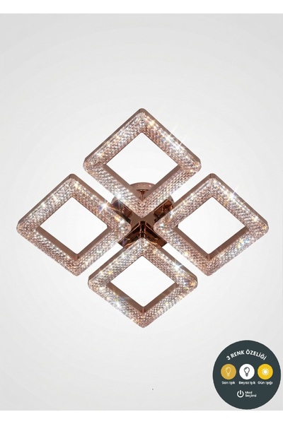 Lzy Avize Store Helios Kristal Kare 4’lü Gold Kumandalı LED Avize 3 Renk | Sa...