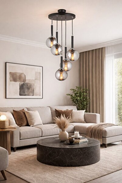 OSC HOME AYDINLATMA TASARIM SİYAH KROM 5Lİ AVİZE FÜME CAM 0059