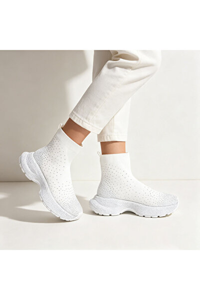 Tmall Pantofi sport damă, cu model de șosete, D1384, albi