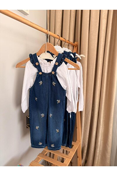İKO BABY KIZ ÇOCUK 1-4 YAŞ GÖMLEK ÇİÇEK NAKIŞLI SALOPET TULUM TAKIM