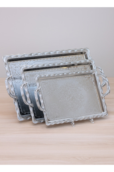 ALQANNAS 3 Pieces Serving Tray Set | Wide Sizes | Modern Design | Silver