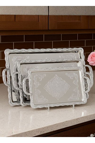 ALQANNAS 3 Pieces Serving Tray Set | Wide Sizes | Modern Design | Silver