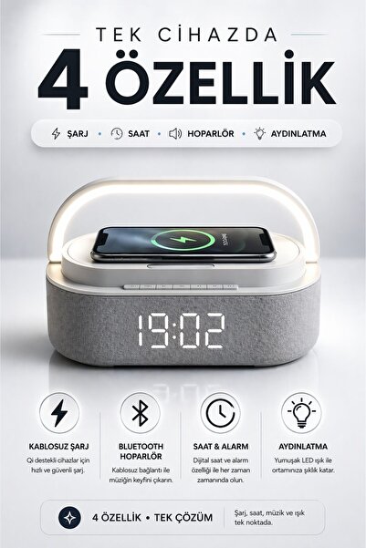 a+ anyplus Saatli Işıklı Bluetooth Hoparlör Speaker Kablosuz Şarj Standlı Çal...