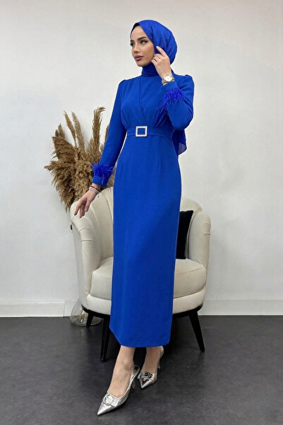 Tesettür Diyarı Γυναικείο Φόρεμα από Ύφασμα Κρεπ με Φτερά Σαξ