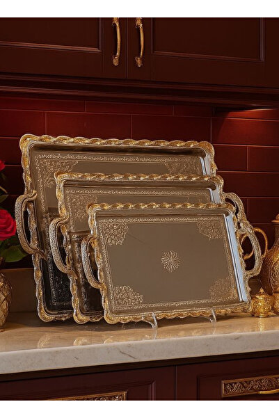 ALQANNAS 3 Pieces Serving Tray Set | Wide Sizes | Modern Design | Silver with...