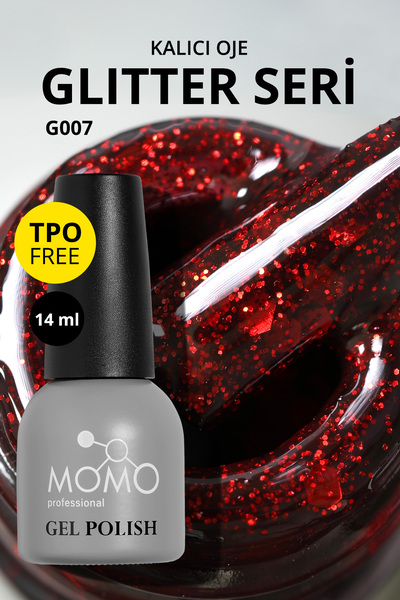 MOMO professional Glitter Kalıcı Oje G007, Kırmızı Parıltılı Şarap, 14 ml