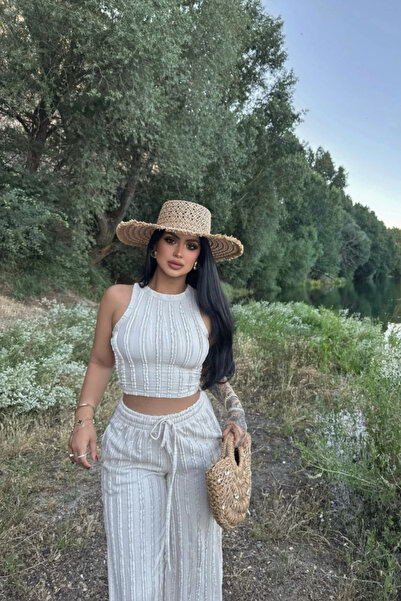 Siner Fashion Γυναικεία μπεζ μπλούζα με μηδενικά μανίκια και φαρδύ παντελόνι ...