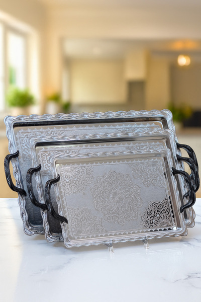 ALQANNAS 3-piece silver engraved tray set with shiny black handles