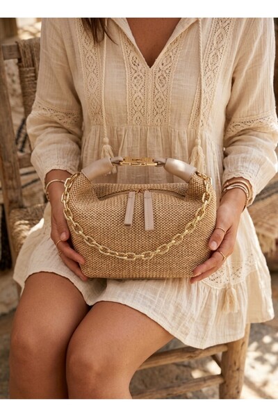 ABBRA Γυναικεία ψάθινη τσάντα με κλιπ και κούμπωμα