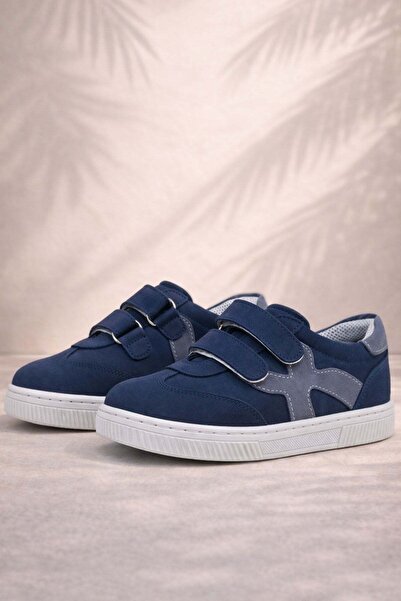 Rakerplus Genuine Leather Navy Blue Gray Velcro Children's Sneakers