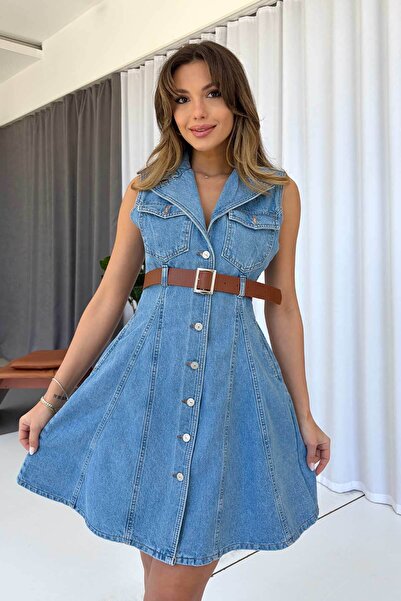 Mine Tan Butik Γυναικείο φόρεμα τζιν με λεπτομέρεια στη μέση και κοπή Kiloş -...