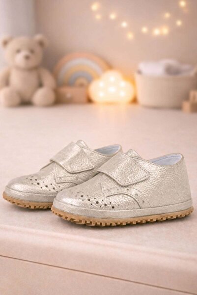 hapshoe Genuine Leather Beige Glittery Velcro Baby Booties